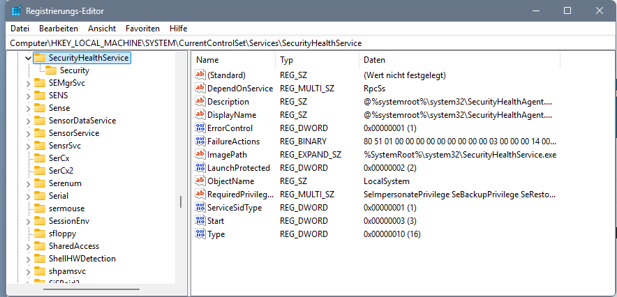 WindowsHealthServive registry